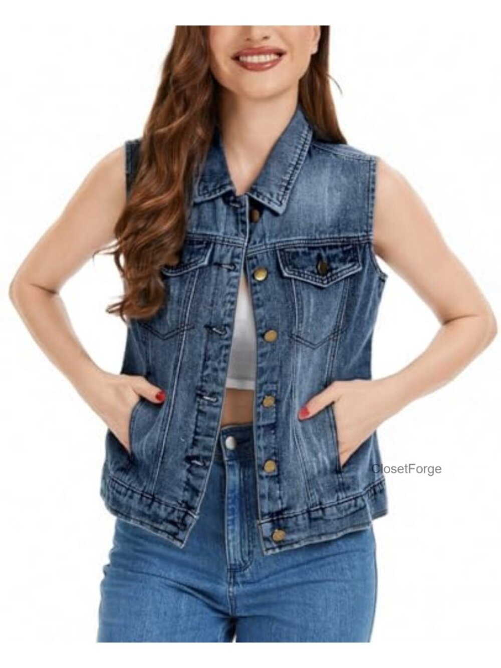 Women's Cropped Denim Vest Button Down Sleeveless Jean Jacket Y2K Western Outfit